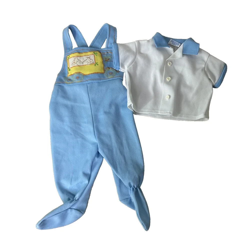 VTG MayFair Baby Boy Overalls 6-12 M Shirt Set Horse Truck Embroidery 70s Outfit